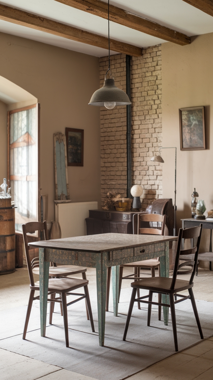 Ready to be transported to a simpler time? This charming farmhouse dining room is a masterclass in rustic elegance. A beautifully distressed antique table, adorned with a retro pattern, takes center stage, surrounded by four vintage chairs that invite you to linger. The beige walls provide a warm, neutral backdrop, allowing the room's character to shine. Exposed brick and wooden beams add authentic rustic charm, while a hanging lamp casts a warm glow over the carefully curated decorative items. It's a space that feels both lived-in and lovely, a true celebration of shabby chic style.