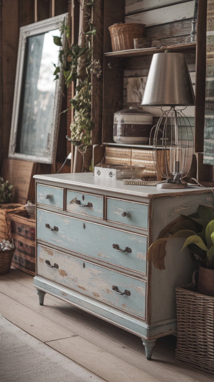 Step back in time with this rustic farmhouse haven, where a vintage dresser brimming with cherished memories takes center stage. The distressed finish whispers tales of bygone eras, complemented by a retro lamp casting a warm glow on the aged wood planks. A curated collection of frames, baskets, and flourishing greenery completes this charming vignette, inviting you to embrace the beauty of imperfect perfection.