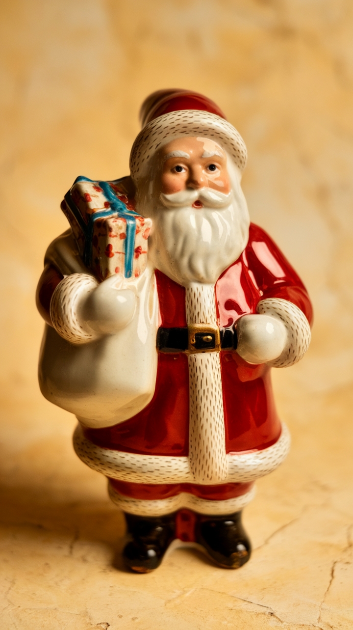 Embrace the nostalgic charm of Christmas past with this exquisite porcelain Santa. His glazed white finish and endearingly plump figure, laden with a sack of gifts, exude a timeless elegance that will warm any heart. A perfect heirloom piece to grace your mantel or a cherished addition to your vintage holiday collection.
