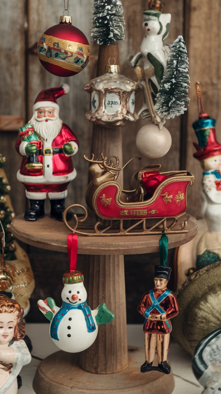 Unwrap the magic of Christmases past with this enchanting display of vintage ornaments. Against a backdrop of rustic wood, a collection of cherished decorations – a whimsical snowman, a classic sleigh and reindeer, a stately porcelain angel, and a dapper tin soldier – gather around a retro Santa Claus. Each piece, lovingly preserved, speaks of bygone eras and cherished family traditions, creating a heartwarming and utterly captivating centerpiece for your holiday home.