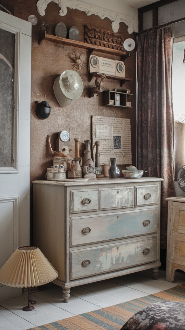A charming shabby chic retreat, this vintage-inspired space exudes rustic elegance with its weathered antique dresser and textured distressed finishes. The rustic wall, adorned with an eclectic mix of vintage accessories, creates a captivating backdrop that tells a story of timeless charm. A retro-style lampshade resting on the floor adds a whimsical touch, while the overall cottage aesthetic invites a sense of cozy sophistication. This room beautifully balances rustic character with shabby elegance, making it a perfect sanctuary of nostalgic beauty.
