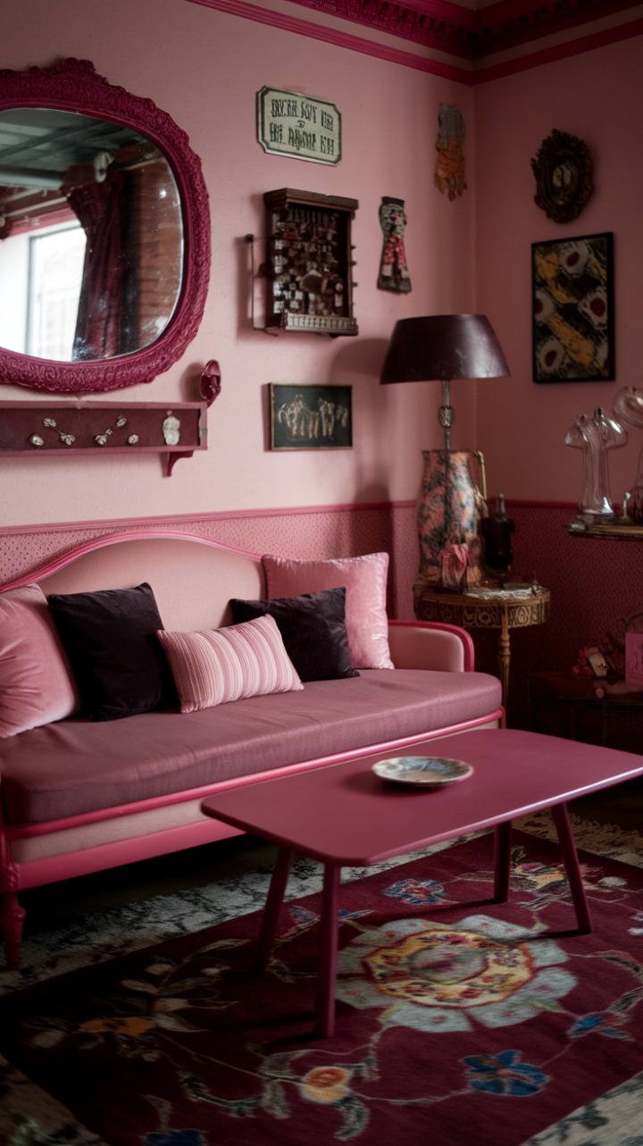 Ready for a trip down memory lane, but with a serious dose of style? This room is a love letter to vintage kitsch, where every corner whispers tales of eras past. Sink into the embrace of that plush pink sofa, a cloud of comfort adorned with a playful mix of dark and light pink pillows. The matching dark pink coffee table is the perfect spot for your favorite retro reads or a perfectly brewed cup of tea. Gaze into the ornate mirror, its dark pink frame a charming focal point, reflecting the room's delightful personality. A dark pink lamp casts a warm, inviting glow, while the floral-patterned rug underfoot adds a touch of whimsical charm. This isn't just a room; it's a curated collection of nostalgia, where antique-style furniture and quirky vintage collectibles come together to create an aesthetic that's pure, unadulterated retro charm.