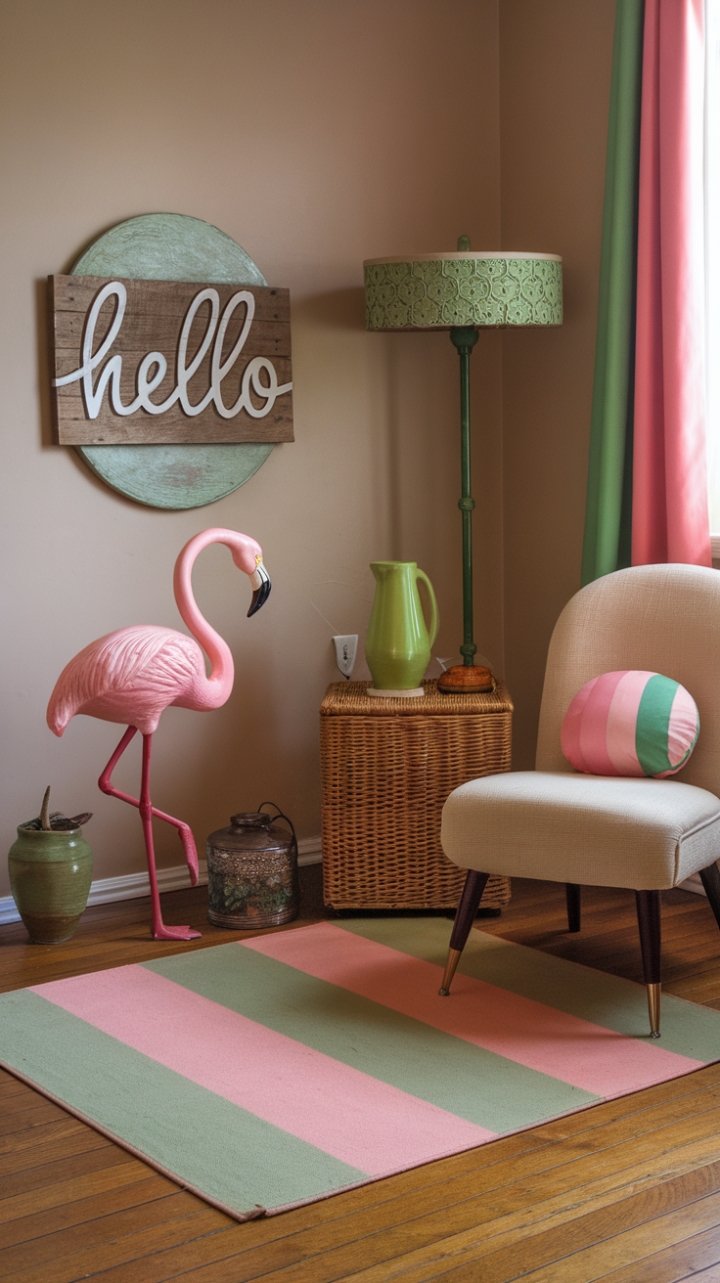 Step into a sun-drenched haven of retro charm where playful flamingoes take center stage and mid-century modern meets whimsical kitsch. A symphony of pink and green stripes dances across a plush pillow and a vibrant rug, while a welcoming "Hello" sign sets the tone for this delightfully unexpected space. The gentle curve of a beige chair invites you to relax, surrounded by the comforting glow of a green lamp and the playful presence of a wicker basket.