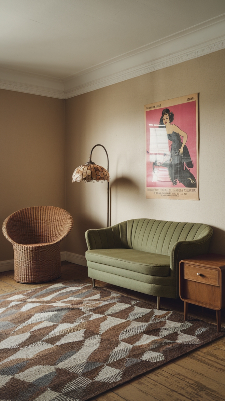 Step back in time with this retro haven! A vibrant green sofa curves invitingly, anchored by a playful patterned rug. A whimsical wicker chair and vintage lamp add to the eclectic charm, all set against a backdrop of beige walls and warm wooden floors. The playful poster adds a final touch of kitsch perfection. This room is a masterclass in nostalgic elegance.