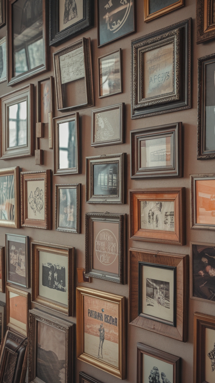 Ready to get lost in a little bit of history? This vintage gallery wall is a love letter to the past, a curated collection of antique treasures that tell a story. Each frame, a different size and style, holds a piece of retro art, creating a wonderfully imperfect tapestry of memories. The frames are arranged with a charming disregard for order, some overlapping, adding to the wall's lived-in, nostalgic feel. Against the warm beige backdrop, this wall is more than just decor; it's a conversation starter, a journey through time, and a beautiful expression of personal style.