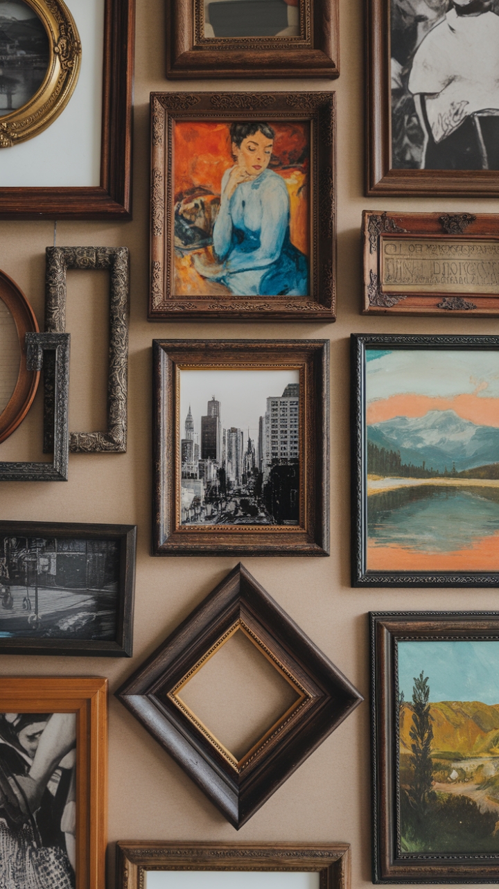 Step back in time with this captivating vintage gallery wall, a curated collection of antique frames showcasing a mesmerizing array of retro art—from a lady in a striking blue dress to a breathtaking landscape, each piece whispers a unique story. The artful arrangement creates a visual symphony, a testament to the enduring beauty of bygone eras. This isn't just décor; it's a journey through time.