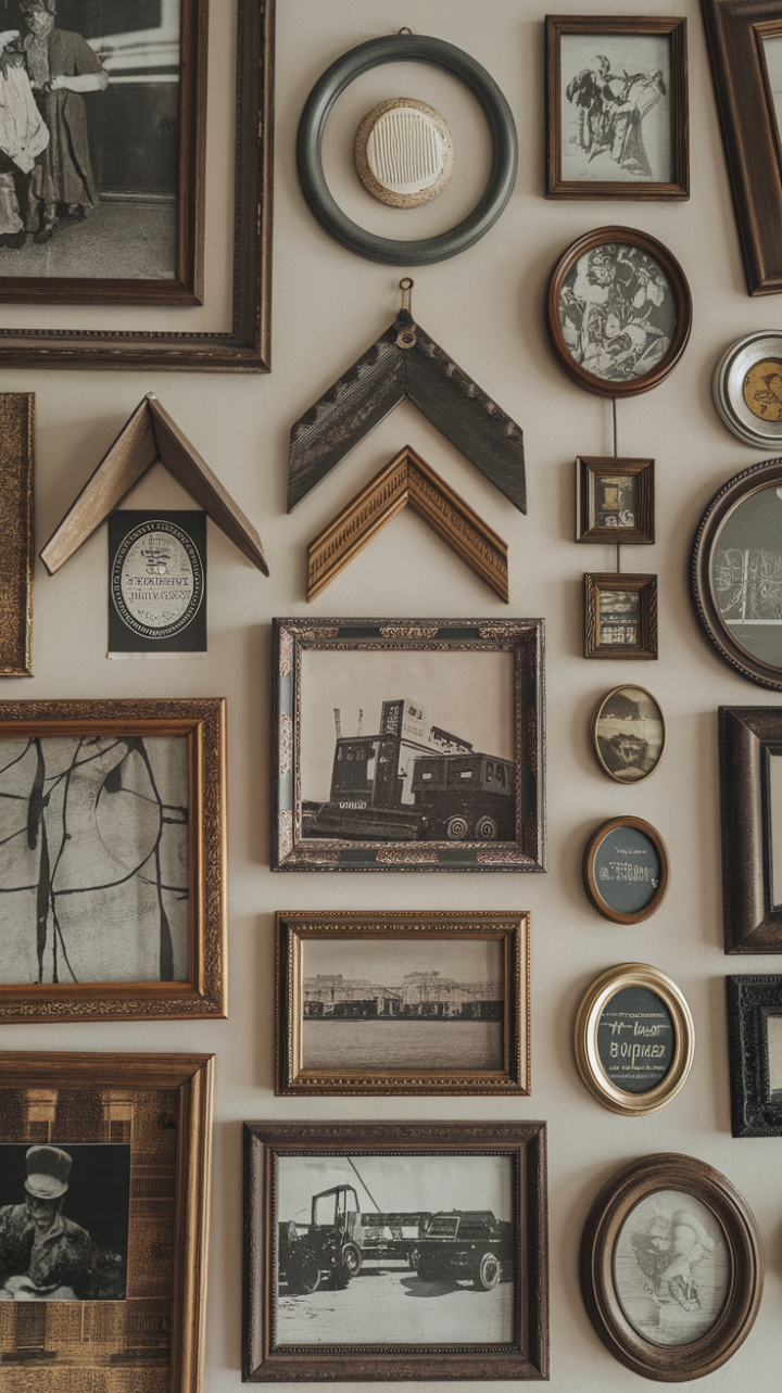 A captivating vintage gallery wall that exudes timeless charm and nostalgic allure. An eclectic mix of antique frames showcases a curated collection of vintage photographs, classic artwork, and retro wall decor, creating a rich tapestry of history and personality. The diverse array of pieces invites viewers to explore a bygone era, where each frame tells a story and adds depth to the overall aesthetic. This nostalgic display transforms any space into a curated homage to the past, blending retro elegance with personal history.