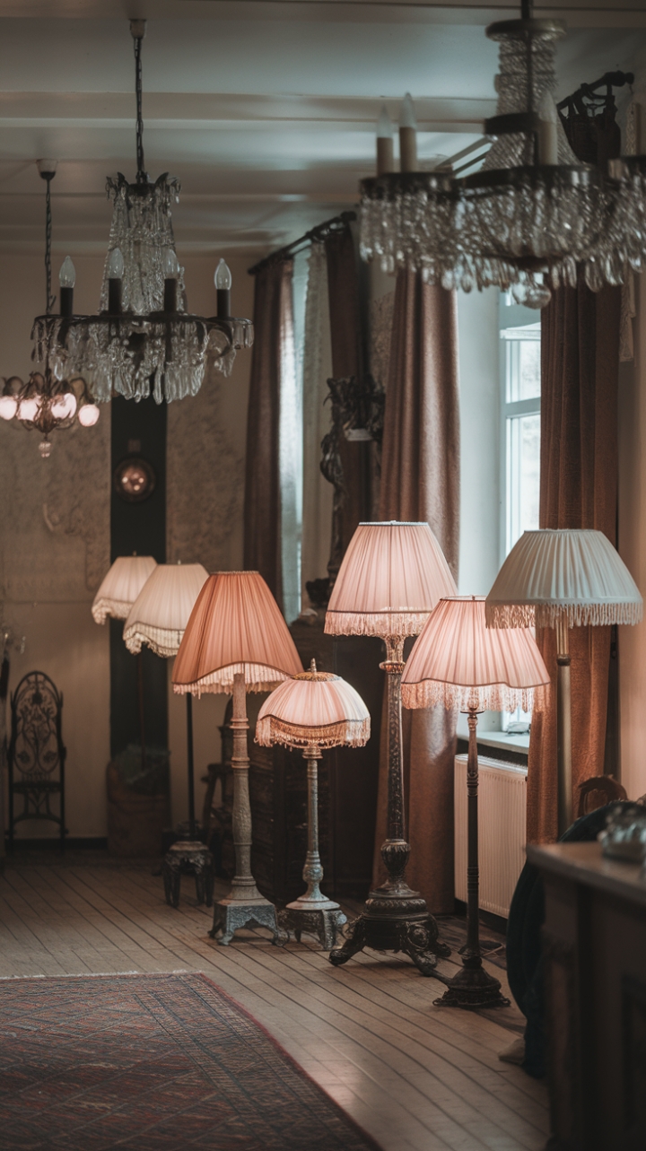 Step into a world of whispered secrets and timeless elegance. Intricate antique lamps cast a warm, inviting glow across richly hued rugs and gleaming wood floors, while ornate chandeliers dance with light, transforming this vintage haven into a sanctuary of sophisticated charm. Every detail, from the patterned curtains to the meticulously adorned walls, speaks to a bygone era of refined artistry.
