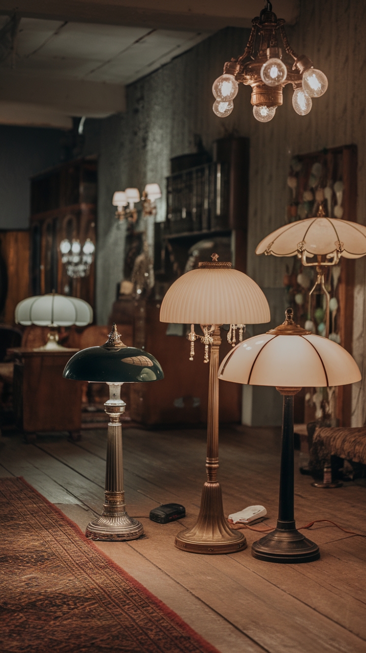 Embrace the golden age of illumination! This room's vintage lamps, a delightful mix of styles and shades, transform a simple space into a haven of sophisticated charm. The antique chandelier adds a touch of grandeur, while the carefully chosen accessories complete the timeless, elegant aesthetic.