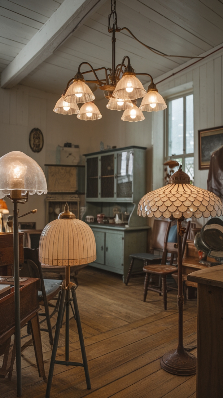 Imagine a room bathed in the soft, ethereal glow of multiple glass-shaded lamps, their light orchestrated by a magnificent chandelier that serves as the room's radiant heart. This vintage-inspired haven, with its polished wooden floors and pristine white walls, is a testament to timeless elegance. Antique furniture pieces, carefully chosen and artfully arranged, complete the scene, inviting you to linger and lose yourself in the captivating ambiance of a beautifully curated past.