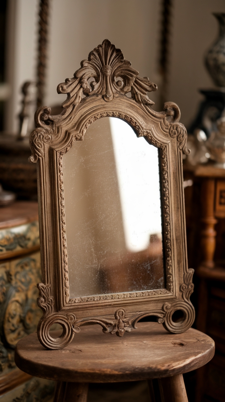 An exquisite antique mirror with an intricately carved vintage frame rests gracefully atop a rustic wooden stool, its ornate details capturing the essence of timeless elegance. The soft, ambient lighting bathes the scene in a warm glow, highlighting the mirror’s delicate craftsmanship. In the background, a curated collection of antique furniture and decor creates a rich tapestry of history and character, transforming the space into a charming sanctuary of vintage allure.