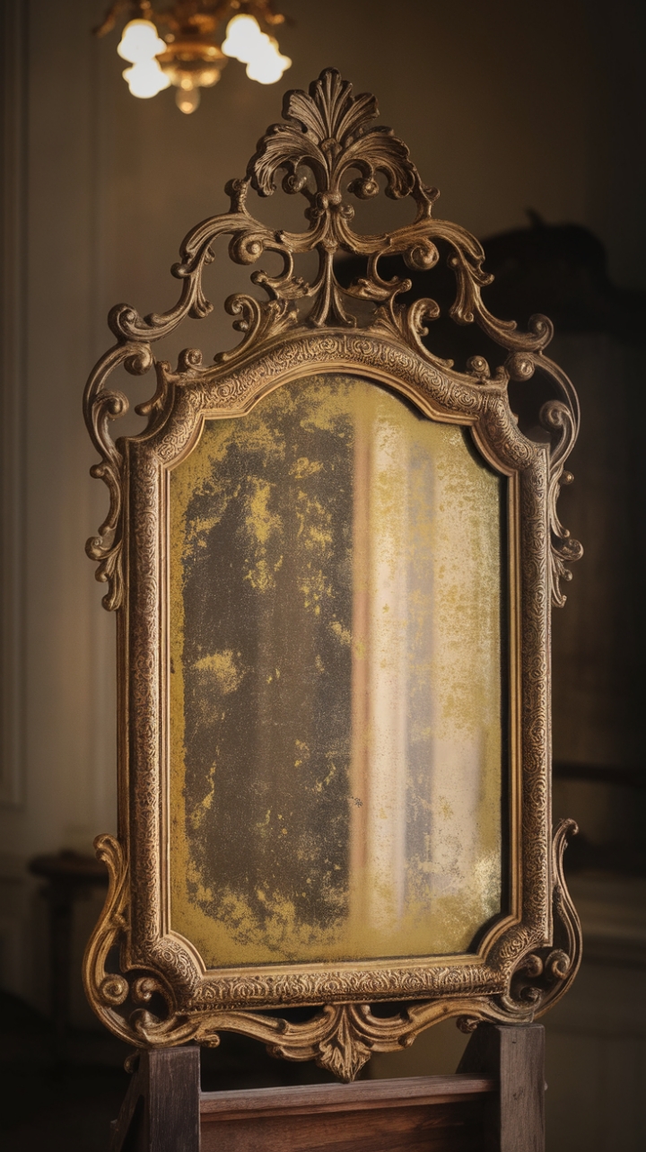 Behold the regal presence of this antique mirror! The richly detailed gold frame, a symphony of swirling designs, commands attention. Bathed in the soft glow of a dimly lit room, its aged beauty is undeniable, a captivating focal point that speaks volumes of history and refined taste. A true heirloom piece, destined to become a cherished family treasure.