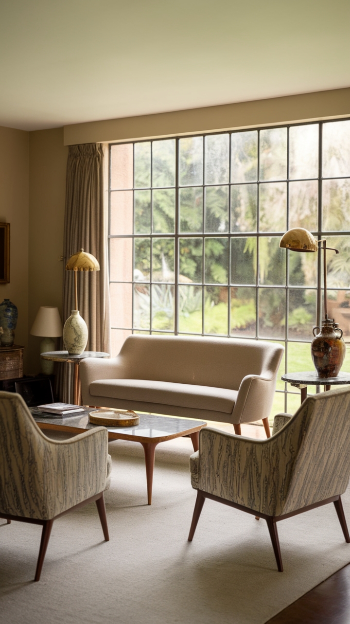 A stunning mid-century modern living room exudes timeless charm, where a plush beige sofa with sleek wooden legs invites relaxation. Two armchairs adorned in vibrant patterned fabric add a touch of personality and comfort, perfectly complemented by a sophisticated marble-topped coffee table that anchors the space. Vintage-inspired accents, including a delicate ceramic vase and a gleaming brass lamp, infuse warmth and character. The soft beige walls create a serene backdrop, while a generous window frames a lush green garden view, blurring the line between indoor comfort and outdoor serenity. This space embodies a harmonious blend of retro elegance and modern sophistication.