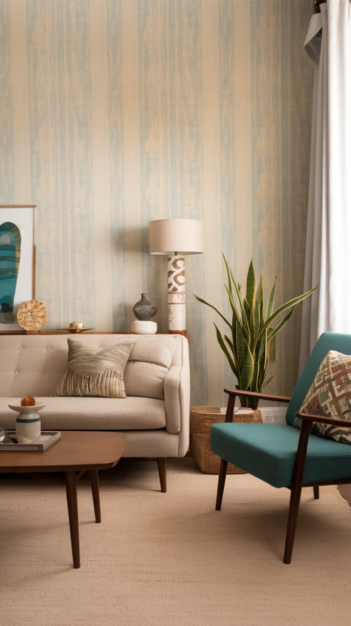 A captivating blend of vintage charm and modern sophistication, this living space exudes mid-century allure. The plush beige sofa, adorned with inviting throw pillows, anchors the room with comfort and understated elegance. A sleek wooden coffee table invites casual gatherings, while the teal accent chair with its patterned cushion adds a vibrant pop of color and personality. The lush green plant introduces a touch of nature, enhancing the room’s fresh and inviting atmosphere. Patterned beige and light blue walls create a subtle yet stylish backdrop, complemented by thoughtfully curated accessories like a chic lamp, woven basket, and decorative objects that infuse personality and warmth. The cozy beige rug grounds the space, making it a perfect sanctuary for relaxation and style.