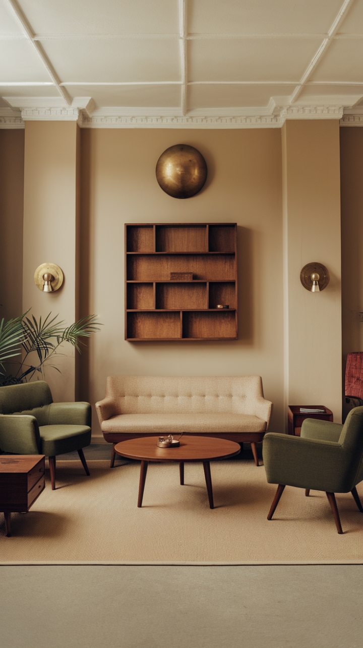 Step back in time with this mid-century modern living room, where vintage charm meets contemporary comfort. A symphony of warm beige tones, punctuated by the rich greens of the armchairs and gleaming brass accents, creates a space that's both effortlessly stylish and invitingly relaxed. The carefully curated vintage pieces, from the sculptural wall shelf to the statement mirror, add layers of personality and history, while the clean lines and natural materials maintain a sense of airy sophistication. This is retro chic redefined.
