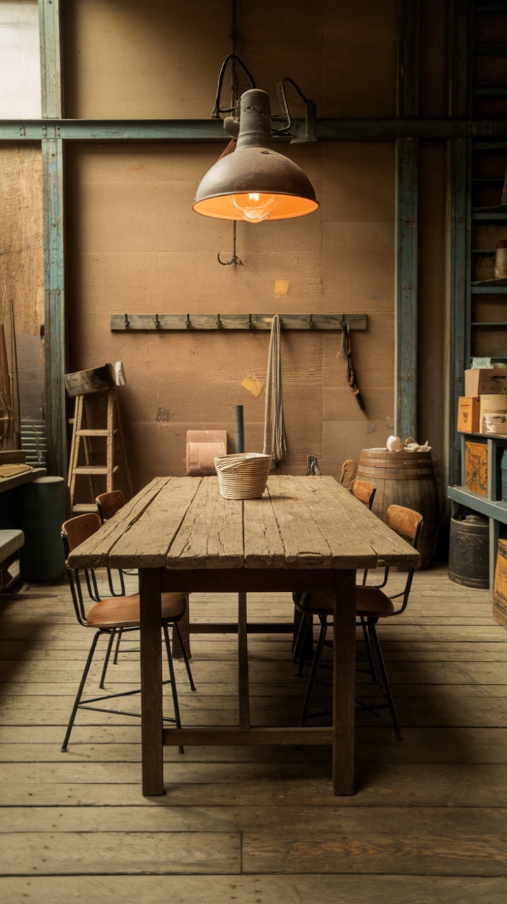 Reclaimed wood whispers tales of time in this rustic-industrial haven. A weathered farmhouse table anchors the space, its worn surface a testament to countless gatherings. Vintage accents, from the industrial-style lamp to the thoughtfully placed barrel, add layers of character and warmth, creating an inviting atmosphere perfect for both intimate dinners and lively conversations. The aged wood floors and exposed beams complete the effortlessly chic, lived-in aesthetic.