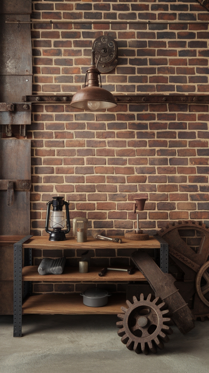 Unleash your inner inventor in this breathtaking rustic-industrial haven. Exposed brick, a vintage light fixture casting a warm glow, and a thoughtfully curated collection of tools and treasures create an atmosphere of captivating authenticity. The hefty wooden shelf and the colossal rusty gear speak to a bygone era of craftsmanship and innovation, while the concrete floor adds a touch of urban grit. A perfect blend of vintage charm and steampunk flair.