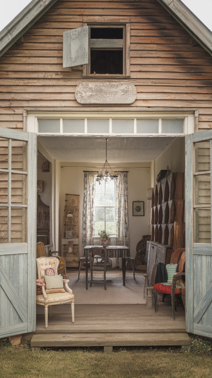 Step into the heart of rustic charm with this vintage farmhouse, where antique furniture whispers tales of bygone eras and a shabby-chic aesthetic reigns supreme. The barnyard's rustic allure seamlessly blends with farmhouse chic, creating a space brimming with rural tranquility and undeniable character. Every detail, from the weathered exterior to the lovingly curated interior, speaks to a life lived authentically and beautifully.