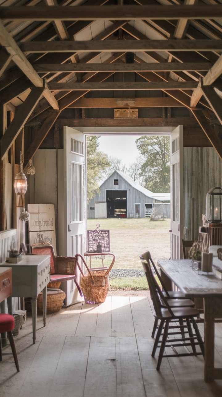 Ready for a dose of pure, unadulterated charm? This vintage farmhouse is a love letter to rustic elegance. Imagine sun-drenched mornings and cozy evenings spent in this haven of shabby chic style. The exposed wooden beams overhead tell stories of generations past, while the sturdy rustic table and vintage chairs invite lingering conversations and shared meals. Every carefully placed detail, from the charming lantern to the sweet sign and woven basket, adds to the homey, lived-in feel. And just beyond the window? A picturesque barnyard scene, completing this idyllic country escape. This is where timeless style meets everyday comfort.
