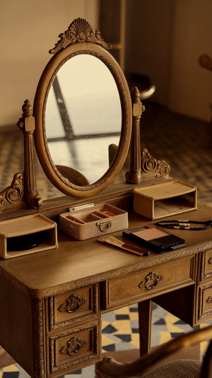 A captivating vintage vanity exudes timeless charm, its ornate frame and classic mirror inviting nostalgic elegance. The retro makeup station, complemented by a delicate jewelry box, adds a touch of glamour and personal allure. Set against a patterned floor and bathed in a warm, golden glow, this scene transforms everyday beauty routines into a luxurious, nostalgic retreat.
