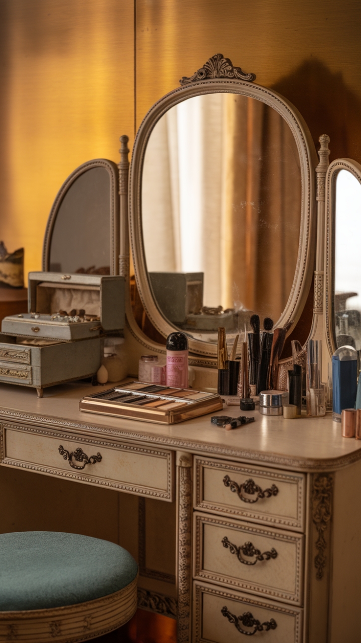 Step back in time with this glamorous vintage vanity set, bathed in golden light. The antique mirror reflects a curated collection of vintage cosmetics and jewelry, promising a touch of old-Hollywood elegance to your daily routine. Every detail, from the ornate furniture to the retro glam aesthetic, whispers stories of bygone beauty rituals.