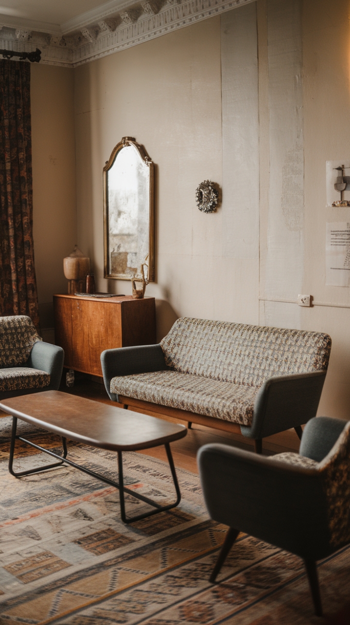 A charming vintage retreat that exudes timeless elegance, this room features a mid-century modern sofa adorned in vibrant patterned fabric, complemented by two matching armchairs that invite relaxation. The wooden-topped coffee table with a sleek metal base anchors the seating area, while a gilded vintage mirror on the wall adds a touch of opulence. Decorative accents and carefully curated antique pieces enhance the nostalgic ambiance, all grounded by a beautifully patterned rug that ties the space together. This interior celebrates classic design with a warm, inviting character that transports you to a bygone era.