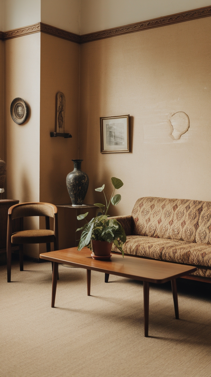 Indulge your love for vintage with this exquisitely styled living room. A beautifully patterned mid-century modern sofa anchors the space, its curves echoed in a classic armchair. Subtle pops of color and carefully chosen antiques add personality and warmth to the neutral backdrop, creating a haven of refined comfort and timeless style.