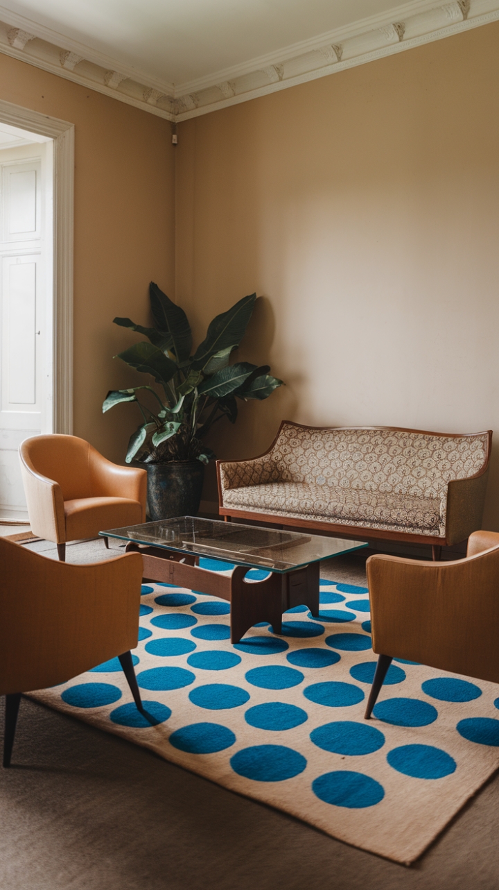 A charming blend of vintage allure and timeless elegance, this living space exudes retro sophistication. The mid-century modern sofa, adorned in a vibrant patterned fabric, anchors the room alongside two gracefully curved armchairs that invite relaxation. A sleek glass-topped coffee table with a rich dark wood base adds a touch of modern refinement. The bold rug featuring oversized blue circles on a beige background injects playful energy, perfectly complementing the soft beige walls. A lush potted plant near the sofa introduces a refreshing burst of greenery, completing this classic yet lively decor scene filled with character and warmth.