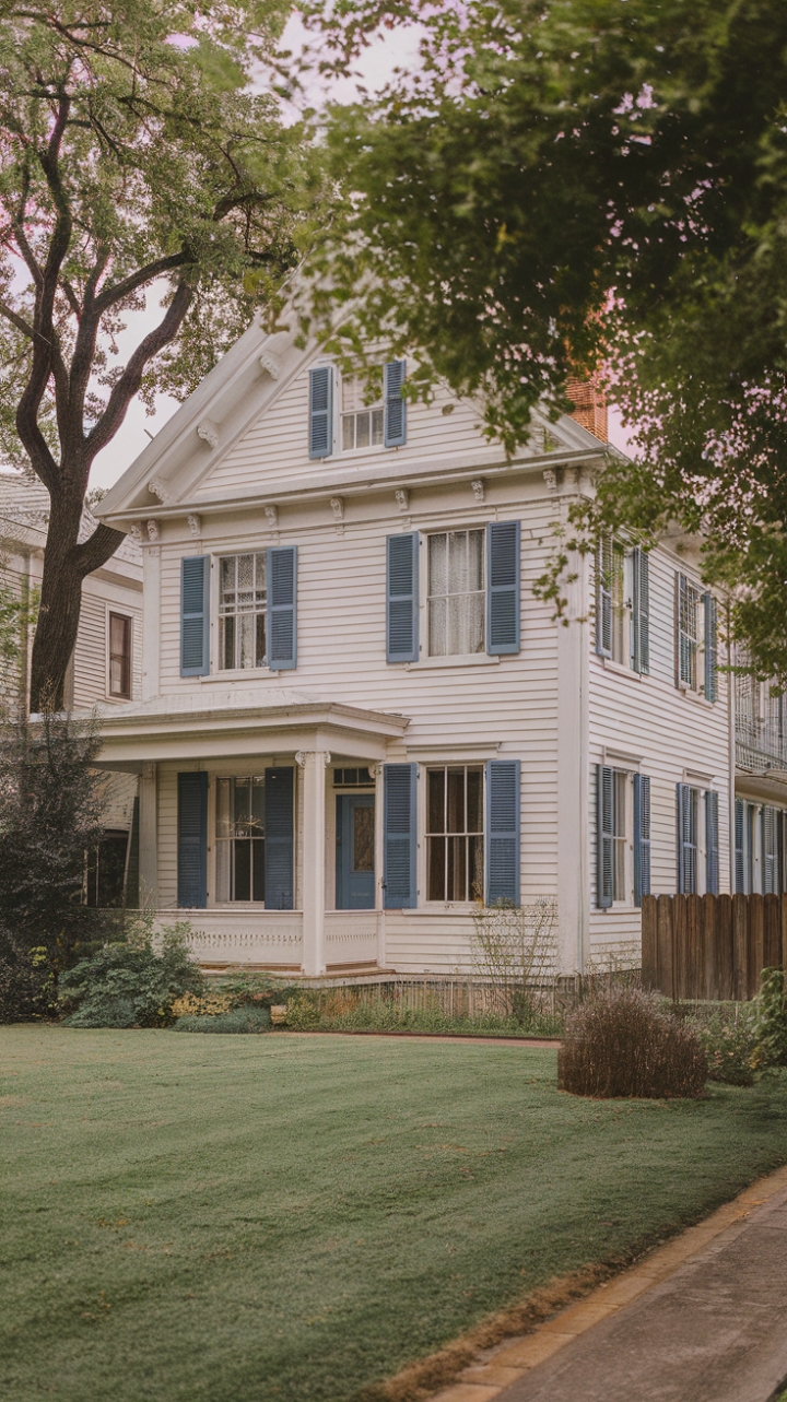 Ready for a trip back in time? This enchanting vintage home, a true historic property, whispers tales of eras past with its classic architecture and traditional style. The crisp white exterior, accented by charming blue shutters, stands proudly against a backdrop of lush green lawn, framed by mature trees and a welcoming fence. It's a scene steeped in serenity and nostalgia, a perfect picture of timeless beauty.