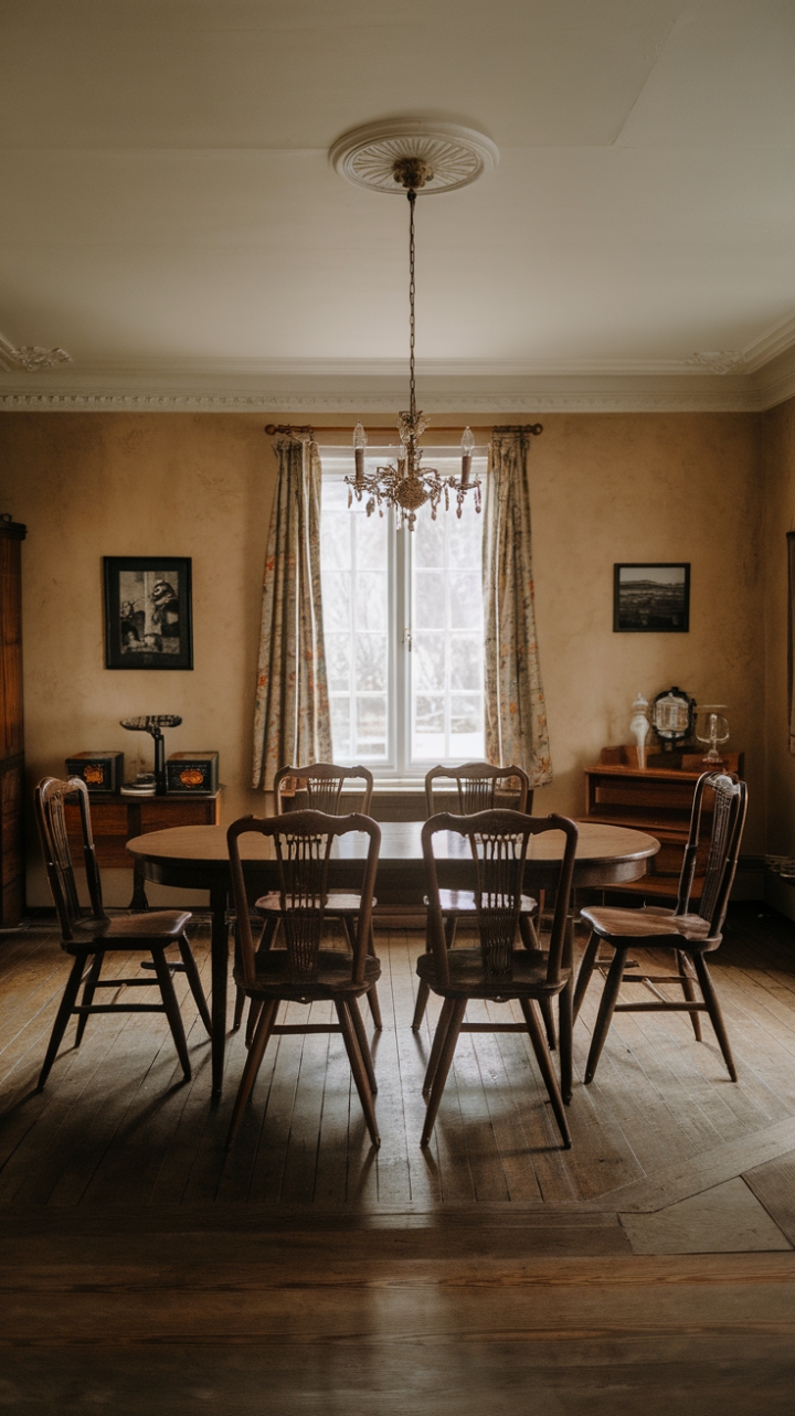 Ready for a trip down memory lane? This vintage dining room is a masterclass in timeless elegance. The warm wooden floors and the gentle glow of the chandelier set a nostalgic mood, while the substantial wooden table and antique chairs invite you to linger over conversation and good food. Beige walls provide a calming backdrop for a curated selection of framed pictures, and a window draped with a classic curtain adds a touch of softness. It's a space that feels both grand and inviting, a true celebration of classic design.
