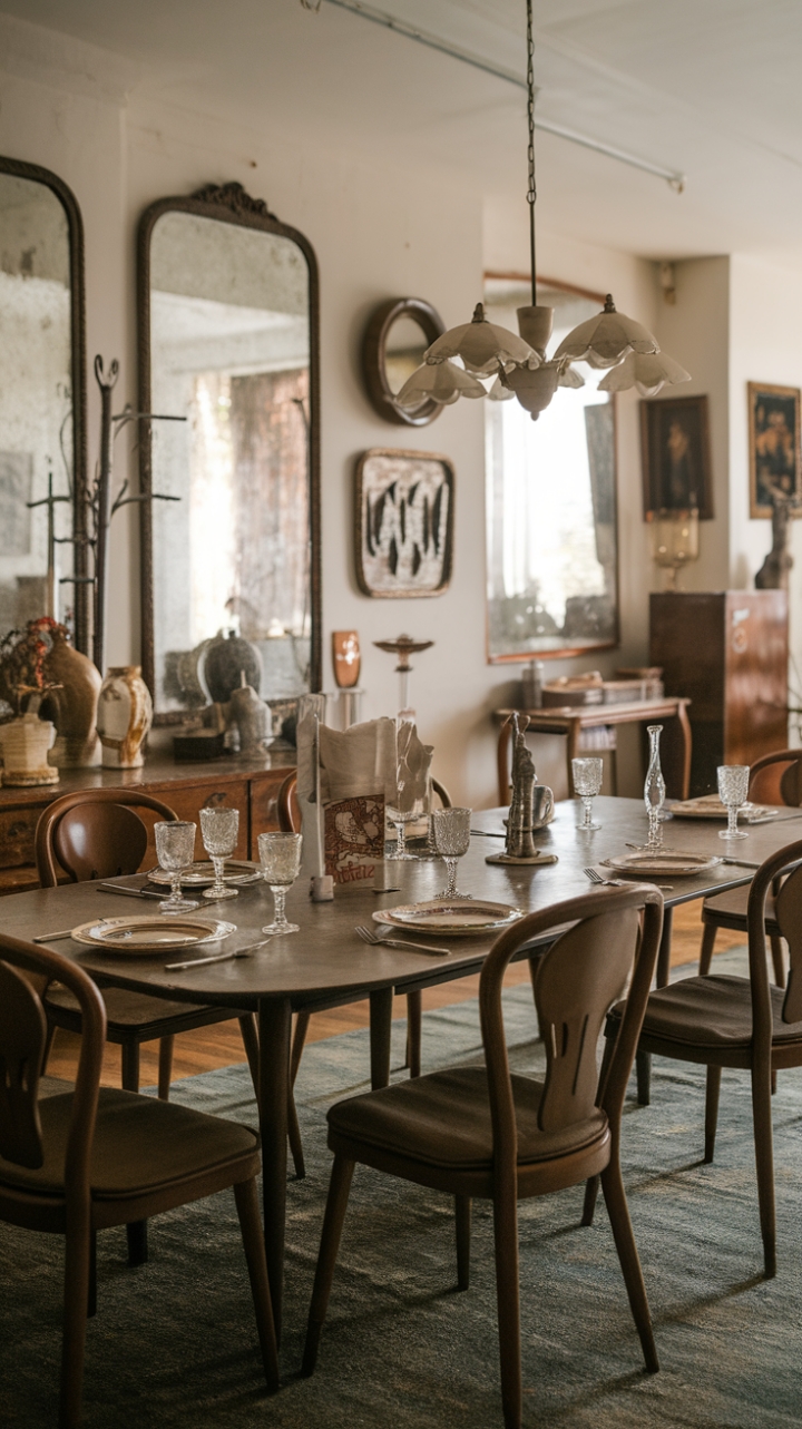 A charming vintage dining room exudes timeless elegance, where a grand wooden table and gracefully curved chairs invite intimate gatherings. The setting is beautifully curated with antique tableware—delicate plates, shimmering glasses, and intricate silverware—that evoke a sense of nostalgic sophistication. Overhead, a vintage chandelier casts a warm, inviting glow, while walls adorned with antique mirrors and artwork add layers of character and charm. This retro space seamlessly blends history and style, creating a warm, inviting atmosphere perfect for memorable moments.