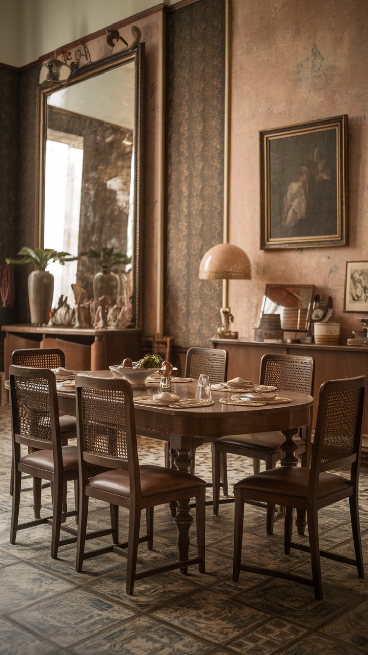 Ready for a trip back in time? This vintage dining room is a masterclass in retro charm. Imagine gathering around this grand wooden table, set with a curated collection of antique treasures, ready for an evening of lively conversation and delicious food. The six classic dining chairs invite you to linger, while the walls tell a story with a striking mirror, a captivating painting, and a lamp casting a warm, inviting glow. The patterned floor adds another layer of visual interest, completing this perfectly preserved snapshot of a bygone era. It's a space that feels both elegant and wonderfully nostalgic.