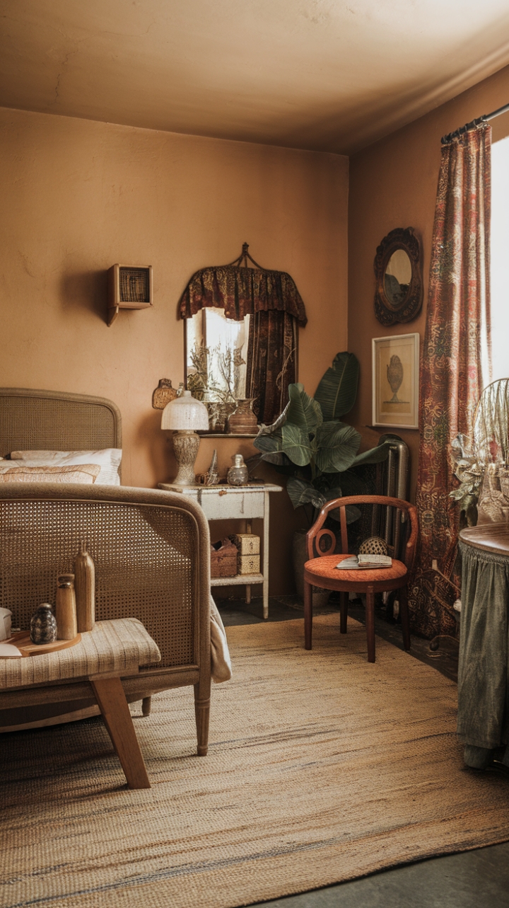 Ready to escape to a cozy haven? This bedroom is a masterclass in earthy, vintage charm. Imagine sinking into that bed with its beautiful woven headboard, surrounded by the warm embrace of beige walls and a textured rug underfoot. Every piece, from the antique furniture to the patterned curtain and vintage mirror, tells a story, creating a space that feels both lived-in and utterly stylish. It's a bohemian dream with a natural color palette, inviting you to relax and unwind in a truly unique setting.