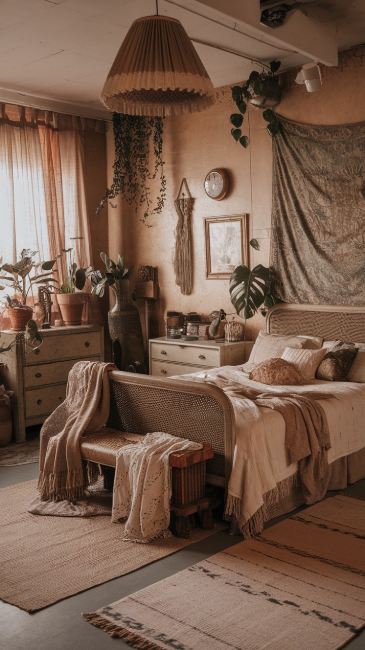 A vintage sanctuary exuding rustic charm and bohemian allure, this bedroom invites relaxation with its warm, natural palette. Antique furniture pieces, including a woven-headboard bed and a charming dresser, evoke timeless elegance. Lush greenery and a tapestry adorn the walls, adding layers of texture and personality. A cozy rug anchors the space, complemented by tactile textiles like a soft throw blanket and flowing curtains that enhance the room’s inviting atmosphere. Retro accents, such as a vintage lampshade and a classic wall clock, infuse the space with nostalgic character. The overall ambiance is one of warmth and comfort, a perfect retreat that celebrates both history and handcrafted beauty.