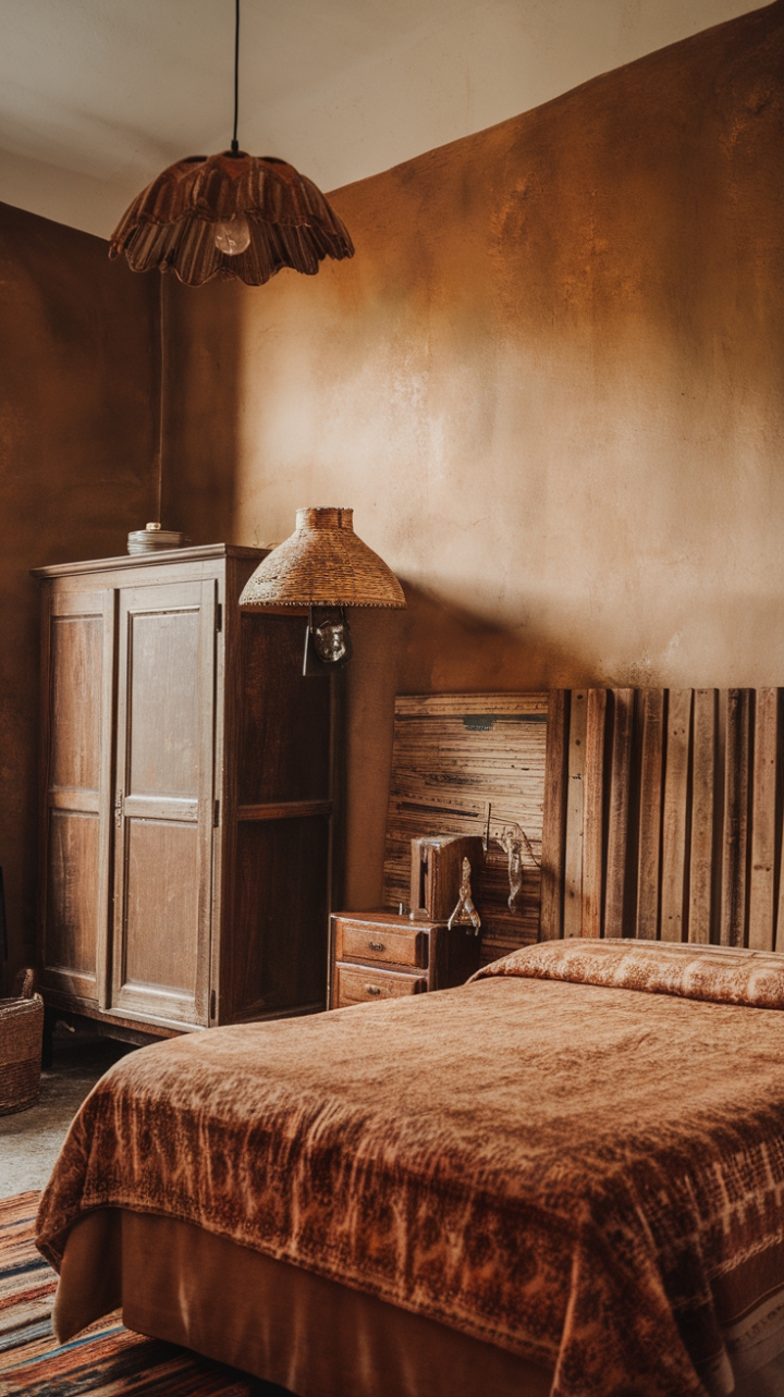 Escape to a sanctuary of serene beauty. This rustic bedroom, brimming with bohemian spirit, is a masterclass in vintage design. The antique wooden bed frame and wardrobe, adorned with a captivating patterned textile, are complemented by a textured wall finish and a charming retro lampshade. Every detail, from the warm color palette to the reclaimed wood headboard, contributes to an atmosphere of relaxed sophistication.