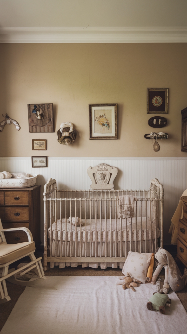 Step into a haven of vintage charm and gentle whispers. This shabby chic nursery, bathed in soft beige and white, evokes a sense of timeless elegance. An antique white crib takes center stage, surrounded by a curated collection of cherished heirlooms – a weathered wooden dresser, a rocking chair promising sweet lullabies, and framed artworks whispering tales of generations past. Soft toys scattered playfully complete this idyllic scene, a sanctuary of love and tranquility where dreams are born.