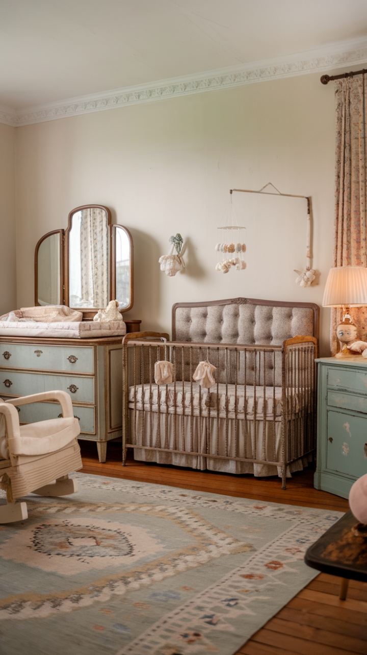 Step into a haven of nostalgic charm where vintage whispers meet modern comfort. This shabby-chic nursery, bathed in soft light, boasts an antique crib adorned with a timeless pattern, a vintage dresser reflecting gentle elegance, and a rocking chair promising countless hours of soothing lullabies. A patterned rug anchors the space, while soft toys and a whimsical mobile complete the enchanting scene. Every detail, from the vintage lamp to the wall sconce, speaks to a bygone era, creating a nursery as captivating as it is comforting.