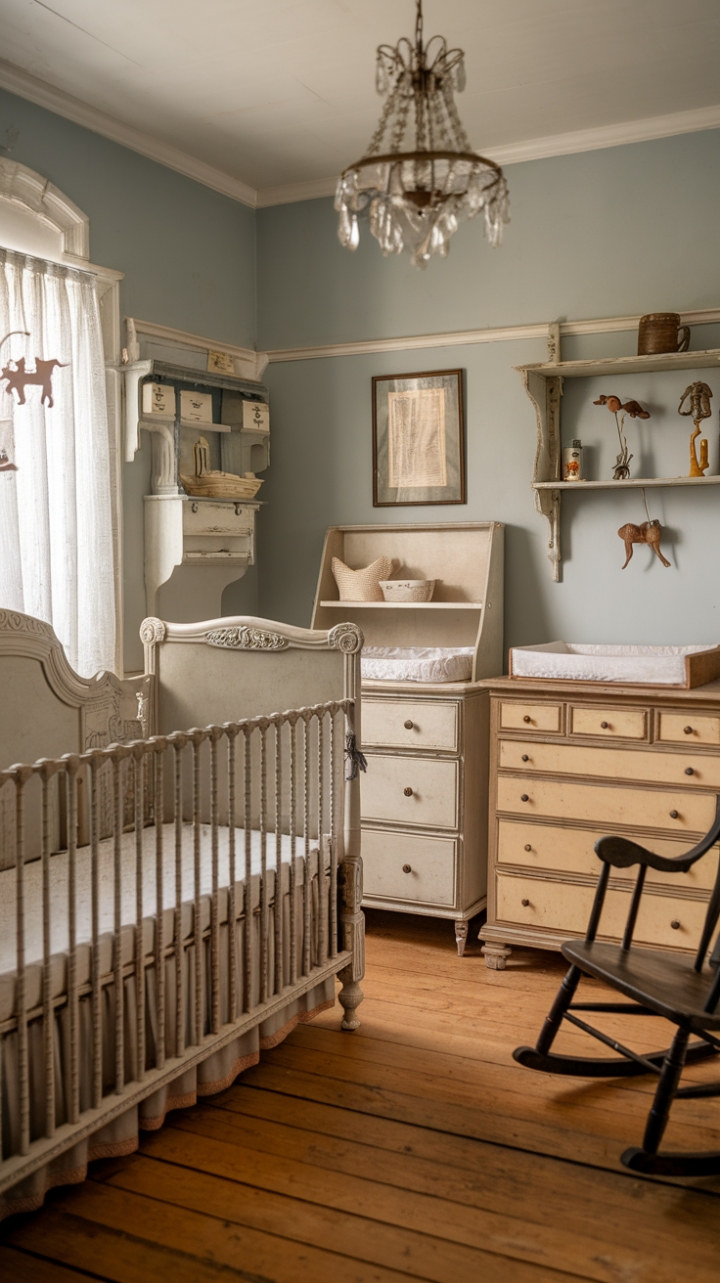 Imagine a nursery where history whispers sweet nothings. This shabby-chic haven features a stunning antique crib, its delicate carvings a testament to bygone craftsmanship. Paired with a vintage rocker and a collection of beautifully aged furniture, the room is a symphony of soft blues, warm wood, and gentle textures. A vintage chandelier casts a magical glow, while charming details like a wooden animal mobile and framed print add a touch of whimsical nostalgia. It's a space where dreams are born and cherished memories are made.
