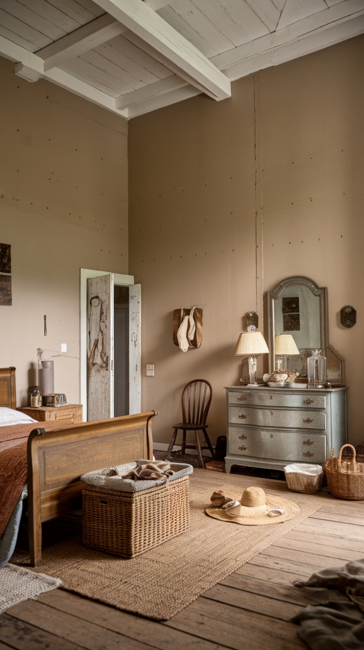 A charming vintage bedroom exudes timeless appeal with its shabby chic and rustic accents. The soaring ceiling enhances the room’s airy feel, while antique furniture pieces—like the weathered wooden bed and vintage dresser with a delicate mirror—bring nostalgic warmth. A woven rug at the foot of the bed adds texture and coziness, complemented by the soft glow of a bedside lamp. Beige walls, subtly adorned with a few nails, create a relaxed backdrop for scattered personal touches: a basket, a hat, and a well-loved book. Wooden plank flooring grounds the space, inviting comfort and a sense of history into this beautifully curated retreat.