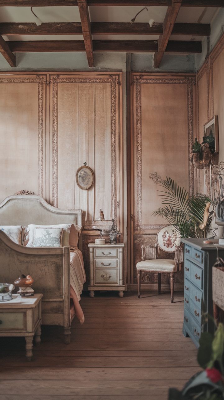 A charming vintage bedroom exudes timeless elegance with its shabby chic allure. The warm wooden floors and softly patterned walls create an inviting backdrop for antique furniture pieces that tell stories of bygone eras. The queen-sized bed, framed in weathered wood, invites restful nights, while a delicate nightstand and dresser add functional charm. A cozy chair beckons for quiet moments, complemented by lush potted plants that breathe life into the space. Soft lighting bathes the room in a gentle glow, enhancing its romantic, nostalgic ambiance—perfect for those who cherish a blend of rustic warmth and vintage sophistication.