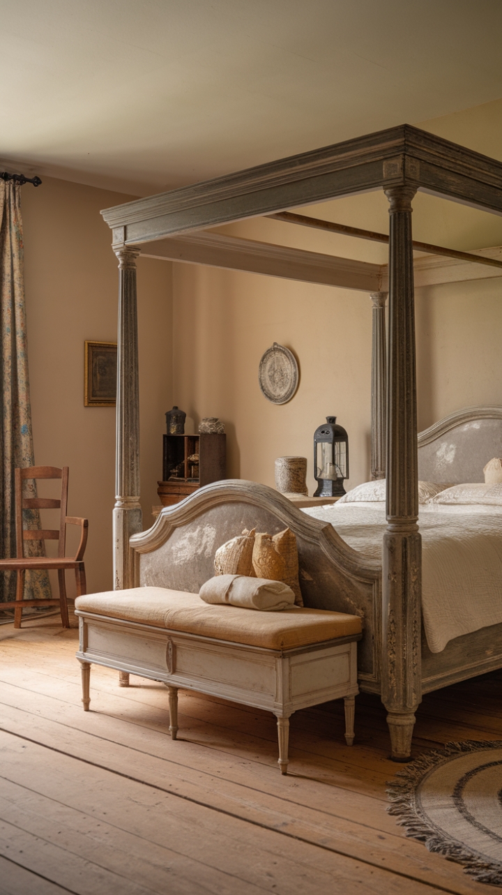 Ready for a bedroom that whispers stories of days gone by? This vintage haven is a masterclass in rustic charm and shabby chic elegance. Sunlight spills onto the warm wooden floors, illuminating antique treasures that feel perfectly placed. The star of the show? A magnificent wooden bed, its worn structure a testament to time, topped with a crisp white mattress and inviting beige cushion. A vintage lamp casts a soft glow, promising cozy nights curled up with a good book. Beige walls create a calming backdrop, allowing the character of the wooden chair in the corner and charming decorative touches like a lantern and small table to truly shine. It's a space that feels both nostalgic and utterly timeless, a classic retreat with a touch of romantic imperfection.