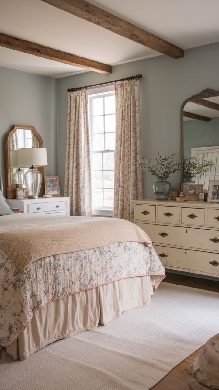 Ready for a bedroom that feels like a warm hug? This vintage farmhouse retreat is pure shabby chic perfection. Imagine sinking into that queen-size bed, adorned with a charming floral quilt and a soft beige bed skirt. The light blue walls create a serene backdrop for the distressed wood furniture, including a lovely white dresser topped with a classic lamp and mirror. A plush white rug underfoot adds to the cozy, inviting atmosphere. It's a space designed for sweet dreams and lazy mornings.