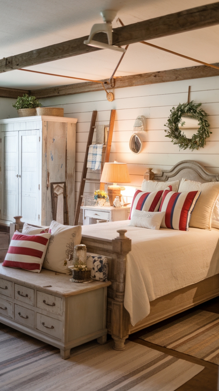 Ready for a cozy escape? This vintage farmhouse bedroom is a dream, blending rustic charm with shabby chic elegance. Distressed wood furniture – from the bedframe to the nightstand and wardrobe – tells a story of time and character. The bed, dressed in crisp white farmhouse bedding and playful red and blue striped pillows, invites you to sink in and relax. Thoughtful rustic accents, like a charming ladder, a vintage mirror reflecting the warm glow, and a sweet wreath on the wall, complete this picture of cozy country living. It's a space that feels lived-in, loved, and utterly inviting.