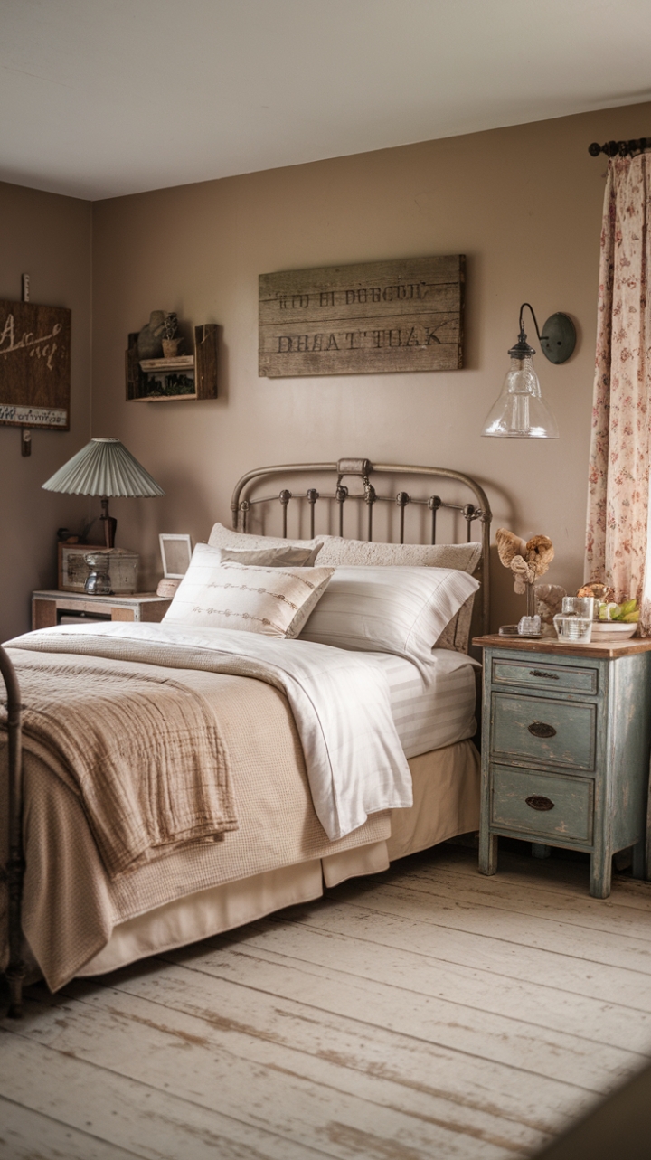 Escape to tranquility in this charming vintage farmhouse bedroom. The soft beige palette, rustic wood accents, and cozy textiles create a haven of serenity. Every detail, from the shabby chic bed to the vintage nightstand, whispers tales of simpler times and effortless elegance. Prepare to be captivated by the room's inviting atmosphere and timeless appeal.