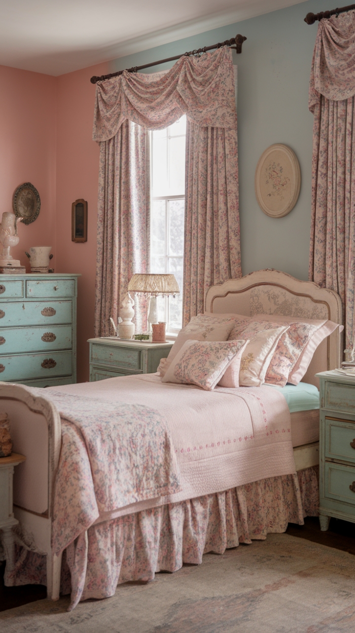 Ready for a bedroom that whispers sweet dreams? This shabby chic sanctuary is a masterclass in vintage charm. Soft pastels of pink and blue wash the walls, creating a serene backdrop for a symphony of floral patterns on the curtains, bedspread, and pillows. Reclaimed wood and distressed finishes on the bed, dresser, and nightstand lend a rustic, lived-in feel, while carefully curated vintage accessories, from a classic lamp to a charming wall accent, add layers of character. A beautiful vintage rug anchors the space, completing this romantic and utterly inviting retreat.
