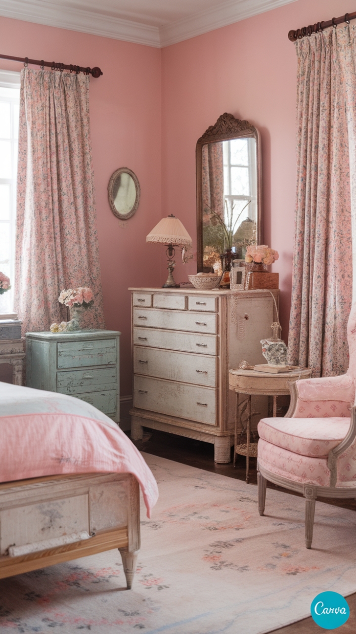 Ready for a bedroom that whispers sweet dreams? This shabby chic sanctuary is a masterclass in romantic vintage style. Distressed reclaimed wood furniture, antique treasures, and a dreamy pastel palette create a space that feels both lived-in and utterly enchanting. Soft pink walls provide a gentle backdrop for floral patterns on the rug and curtains, adding a touch of feminine charm. Every detail, from the vintage lamp to the ornate mirror, tells a story, inviting you to relax and unwind in a room that's as charming as it is comfortable.