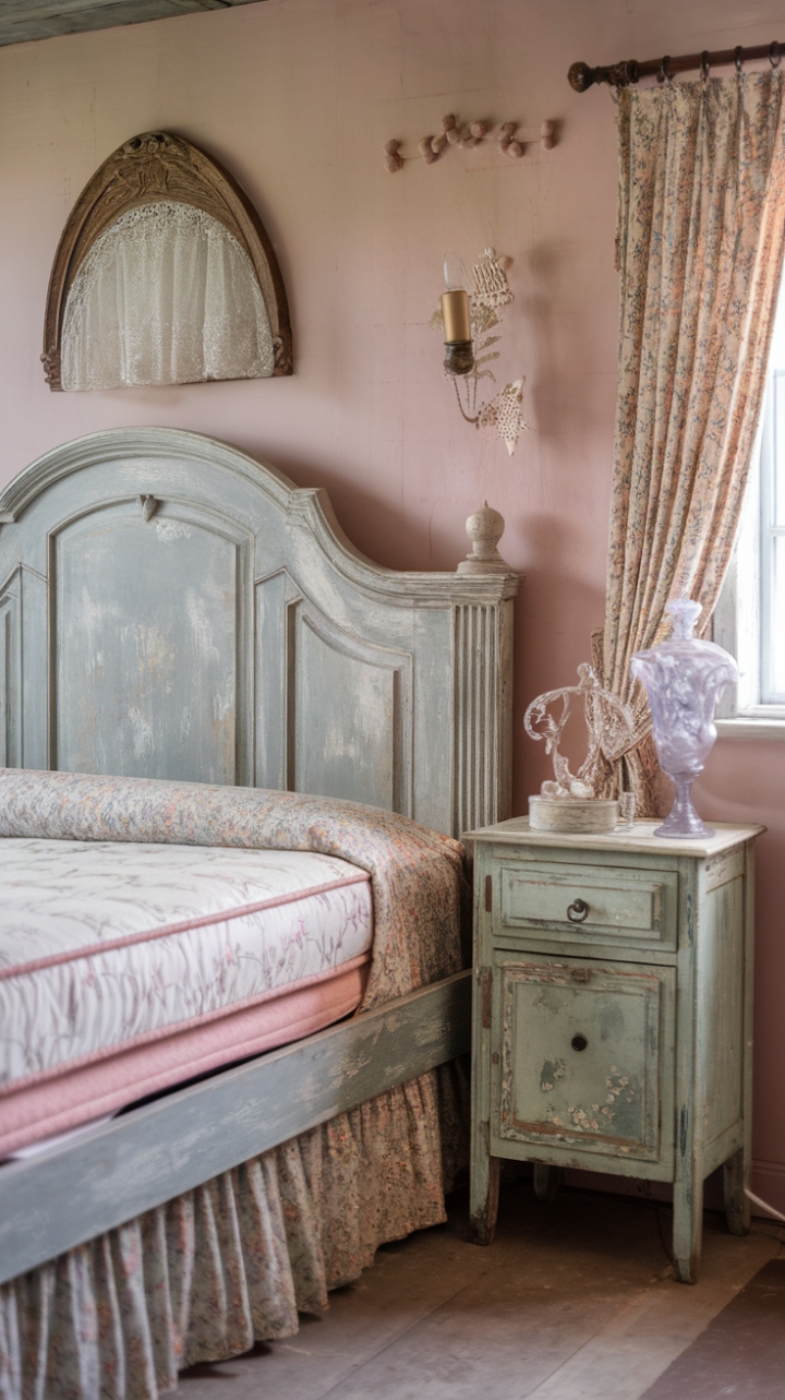 Ready to escape to a dreamy sanctuary? This shabby chic bedroom whispers tales of forgotten eras and sun-drenched afternoons. A beautifully distressed wooden bed, crowned with a romantic floral mattress, invites you to linger. Beside it, a charmingly worn nightstand holds treasures of the past, illuminated by the soft glow of a vintage lamp. Pastel walls create a serene backdrop for antique decor, each piece adding to the room's rustic charm and delicate feminine touch. It's a space that feels both lived-in and utterly enchanting.