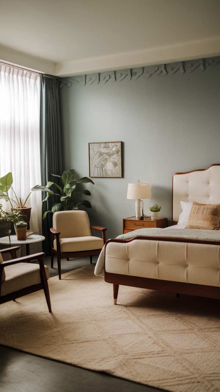 Experience the perfect harmony of vintage allure and modern sophistication in this beautifully curated bedroom. The light blue walls, wooden accents, and carefully chosen decor pieces evoke a sense of calm and elegance. Two charming chairs and a petite table in the corner invite intimate conversations, while the greenery brings a touch of nature indoors. The overall aesthetic is a masterclass in understated luxury, blending timeless style with cozy comfort for a truly captivating space.