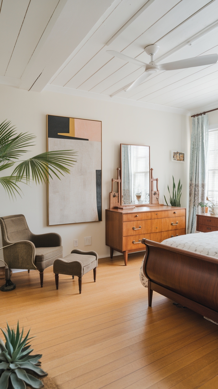 A captivating blend of vintage charm and mid-century modern sophistication, this bedroom exudes timeless elegance. The light wood flooring sets a warm, inviting tone, complemented by a sleek white ceiling fan that adds a touch of contemporary comfort. Antique furniture pieces, including a vintage dresser with a mirror and a cozy armchair with a matching footstool, evoke nostalgic allure. The sleigh-style bed, dressed in crisp white linens, anchors the space with its classic silhouette. Artistic accents, from an eye-catching abstract painting to thoughtfully curated wall art, infuse personality and modern flair. Lush greenery, featuring a graceful palm and a resilient succulent, bring life and freshness to the room’s serene palette. This space masterfully balances vintage character with modern design, creating a sanctuary that is both stylish and inviting.