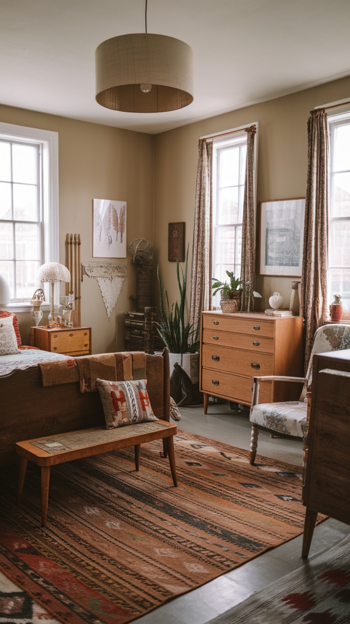Step into a haven of bohemian bliss where vintage charm meets modern comfort. This eclectic bedroom, bathed in warm beige light, boasts a curated collection of retro and antique furniture, each piece whispering tales of bygone eras. A patterned rug anchors the space, while plush pillows invite you to sink into restful slumber. Sunlight streams through the windows, illuminating the carefully chosen decorative accents that complete this effortlessly chic sanctuary.